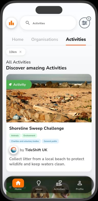 Impactful mobile app explore screen showing volunteer opportunities