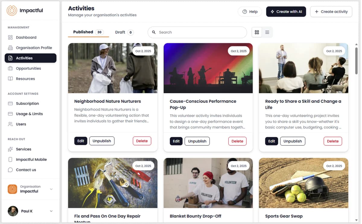 Organisation portal activities and engagement tracking
