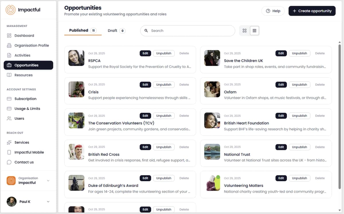 Organisation portal opportunities management screen