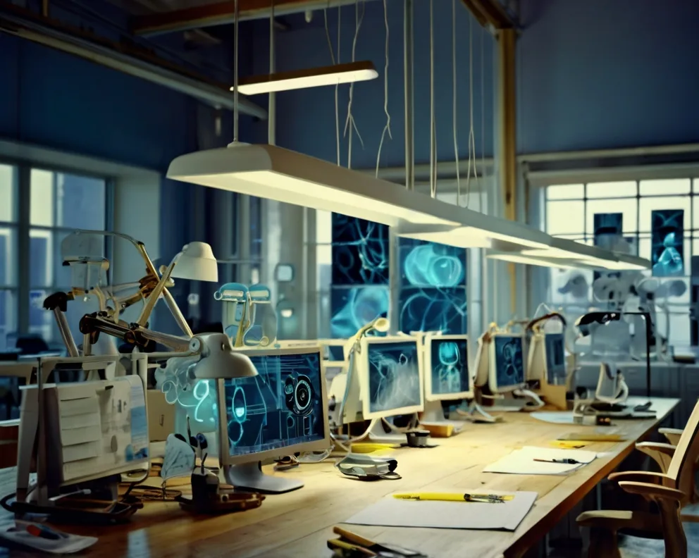 Modern software development workspace showing code and application interfaces