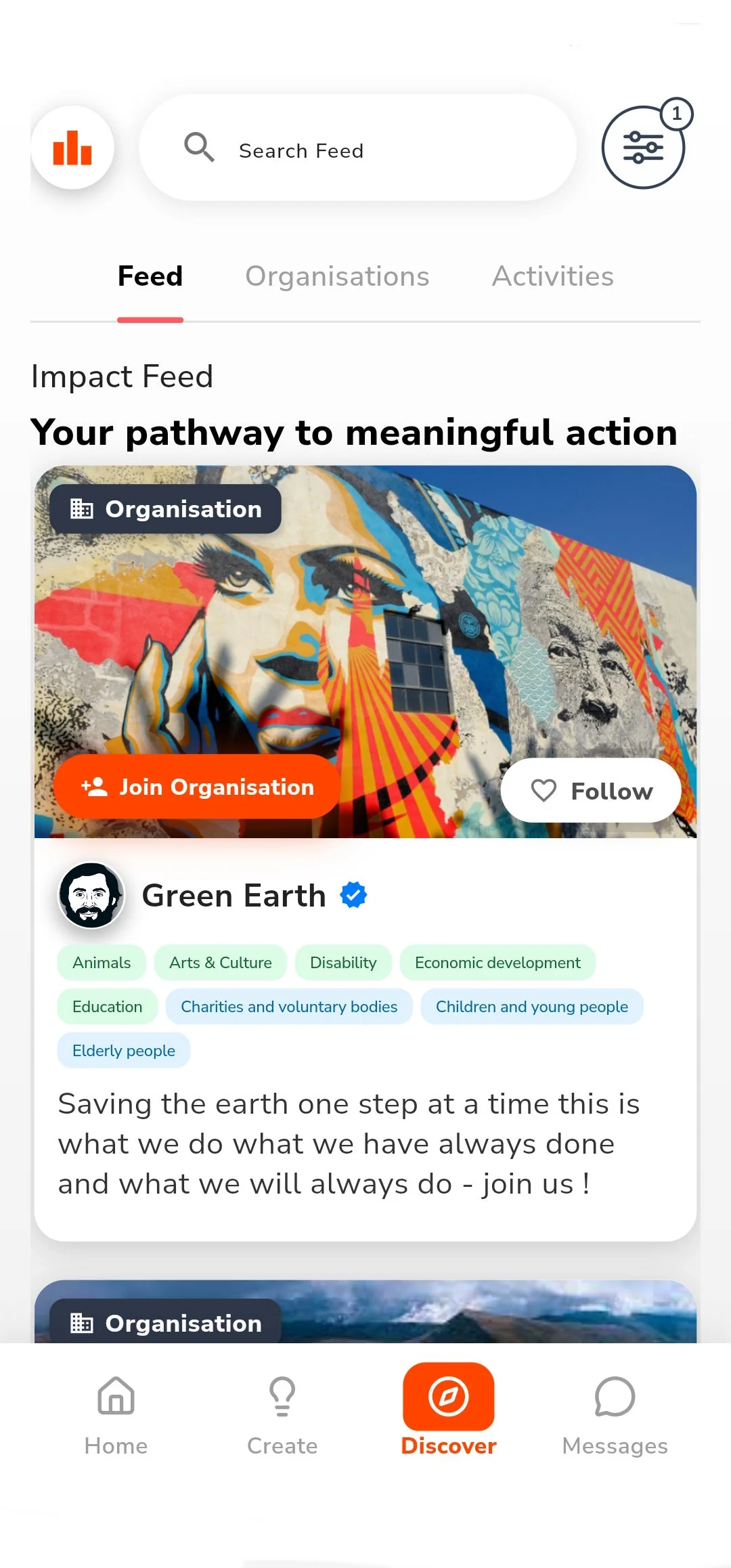 Impactful app Discover feed, showing organisations to follow and join