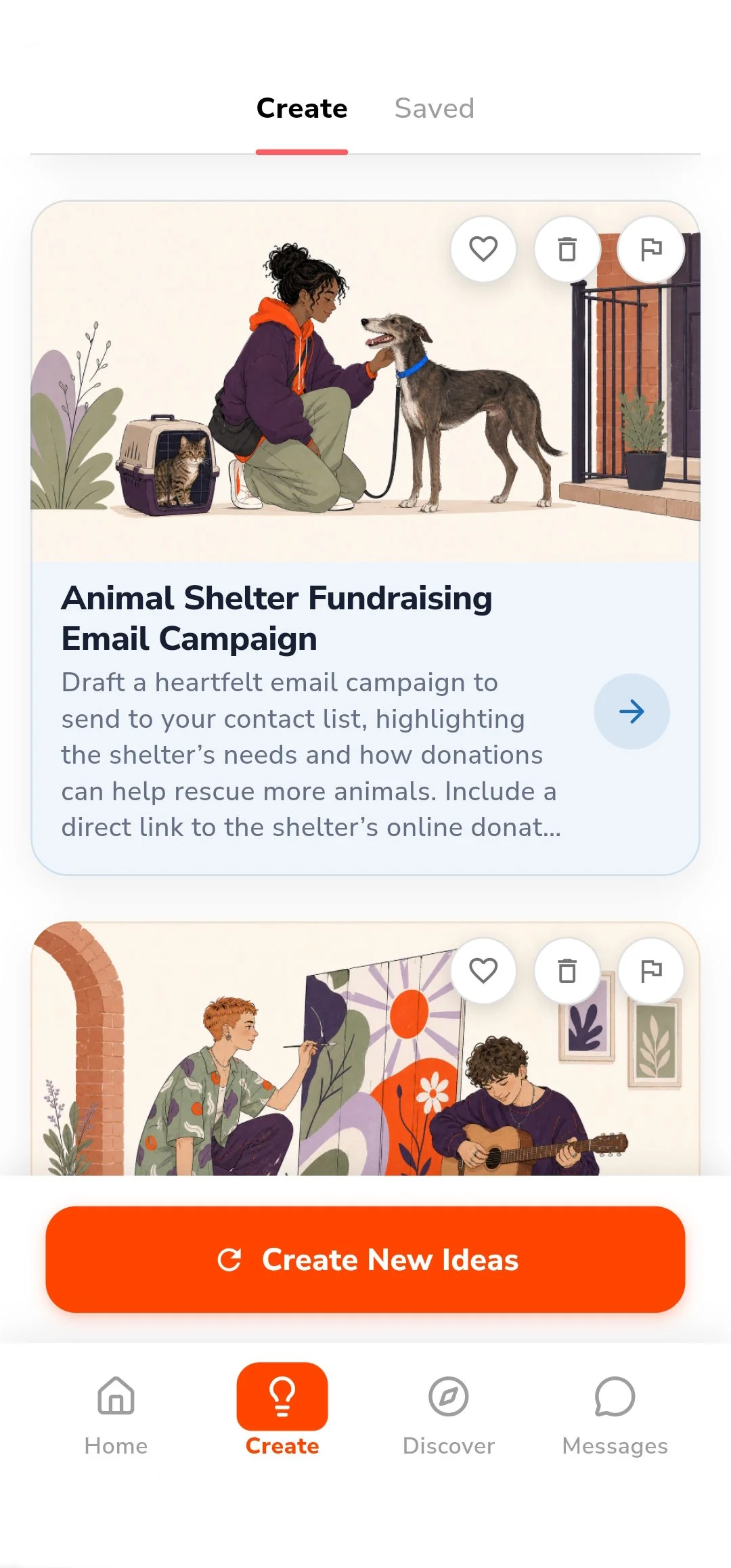 Impactful Create tab with an AI-drafted Animal Shelter Fundraising Email Campaign idea and a Create New Ideas button.