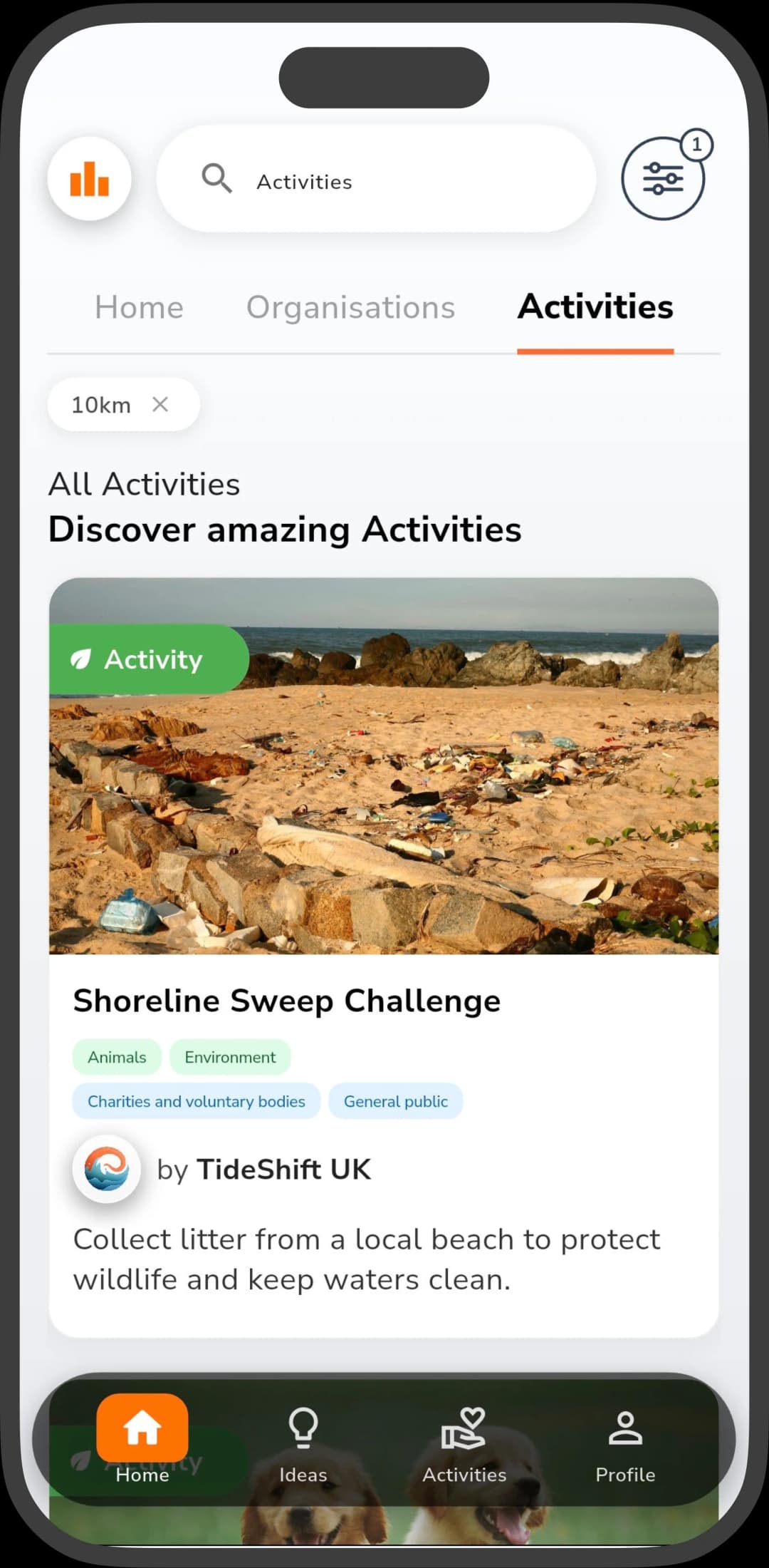 Impactful explore screen showing a Shoreline Sweep Challenge activity by TideShift UK on the Activities tab.