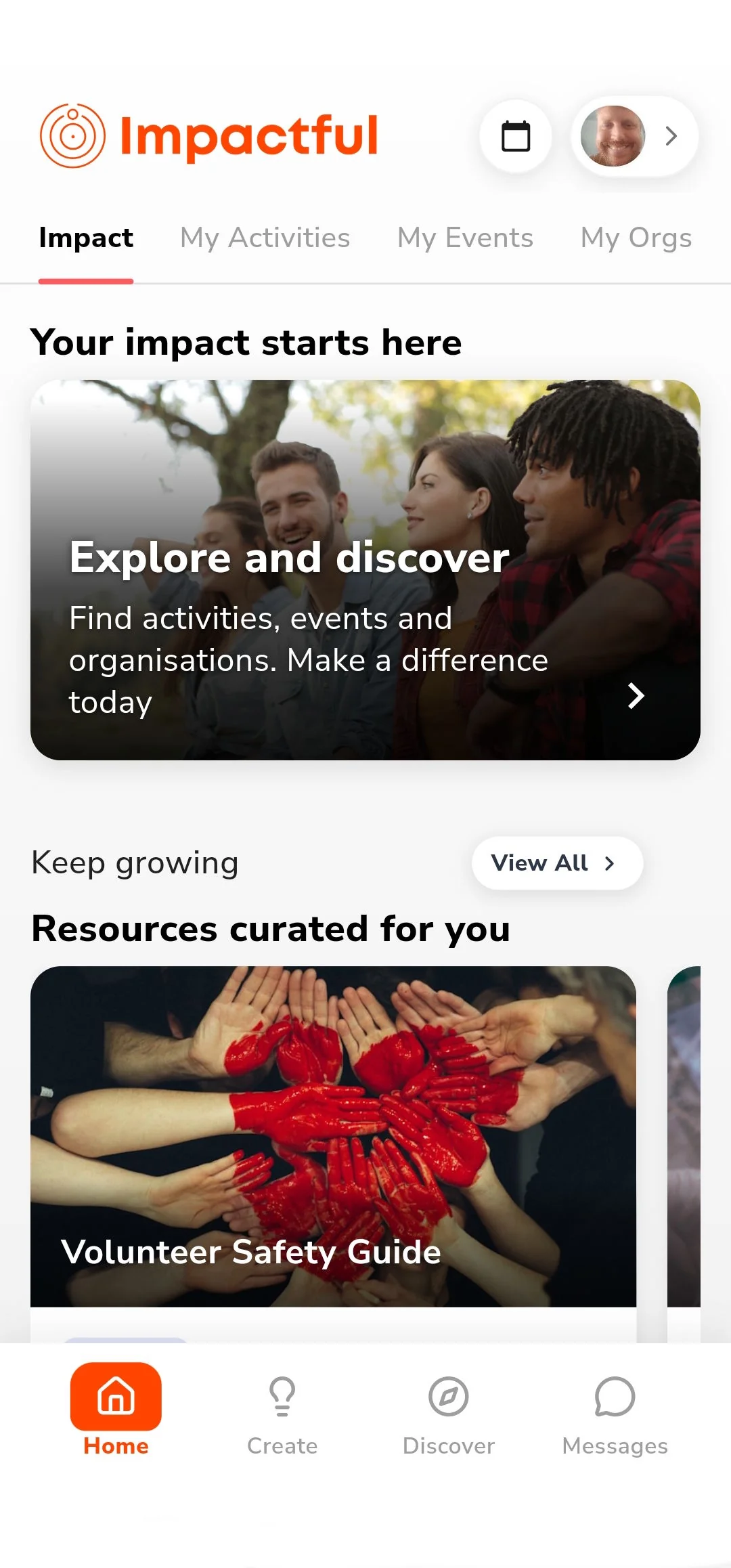 Impactful home screen on the Impact tab, with an Explore and discover card and a row of curated resources.