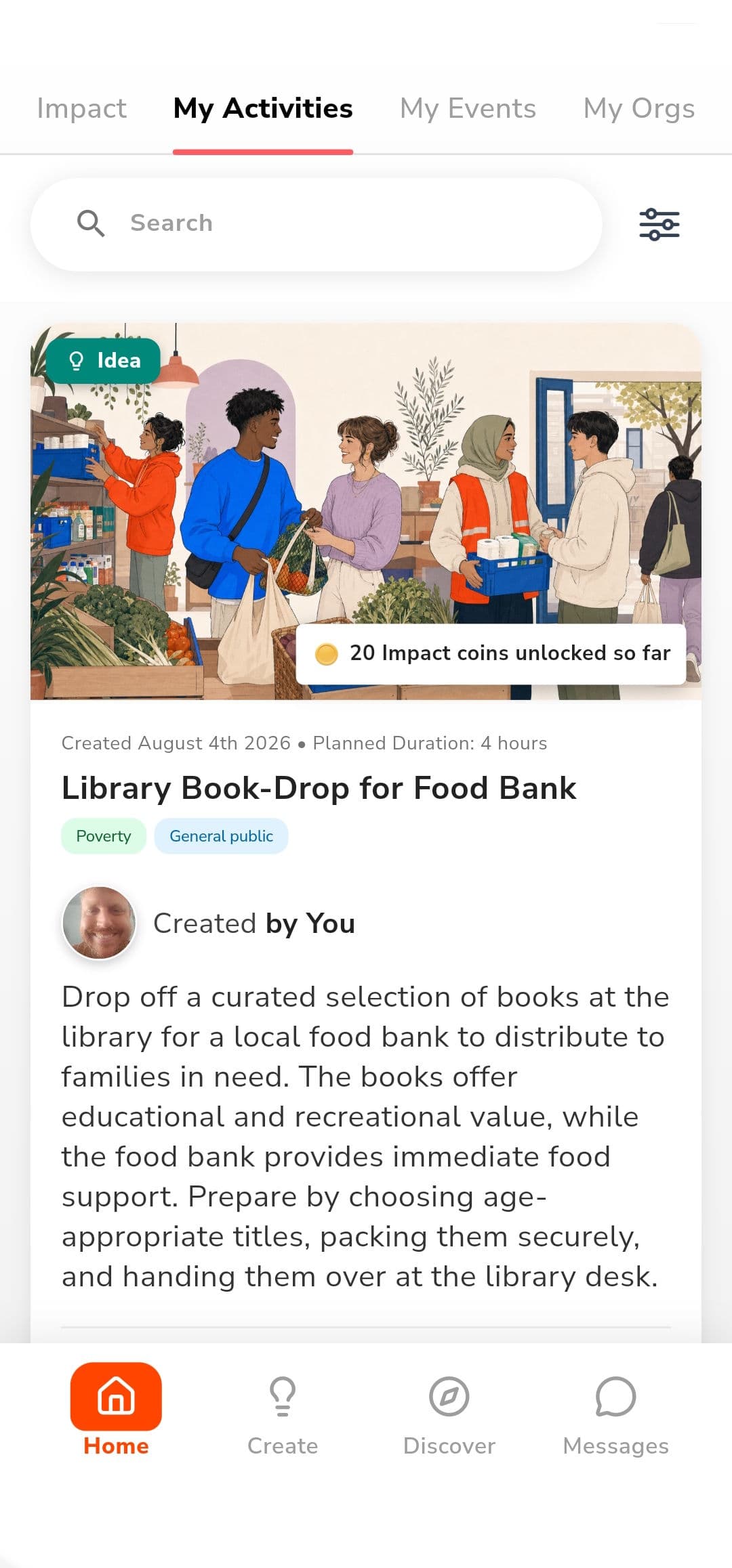 Impactful app My Activities screen showing a Library Book-Drop for Food Bank activity created by the user, with 20 Impact Coins unlocked.