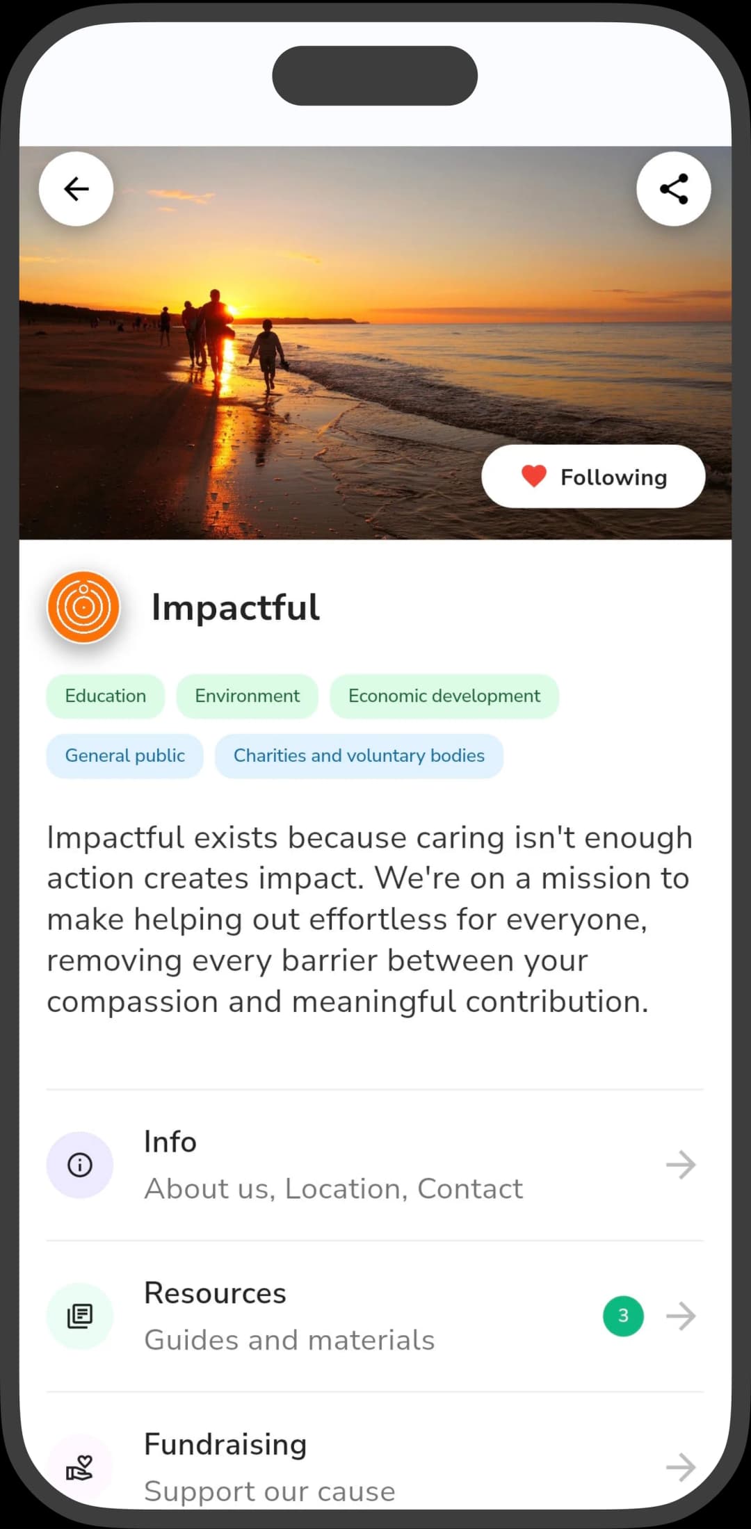 Impactful organisation profile screen for Impactful with a sunset beach photo and Info, Resources and Fundraising menus.