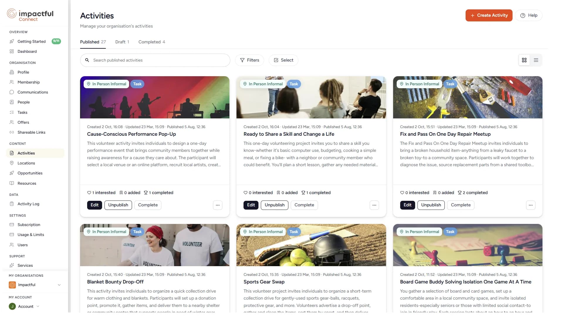 Impactful Connect: the organisation portal, showing published volunteering activities.