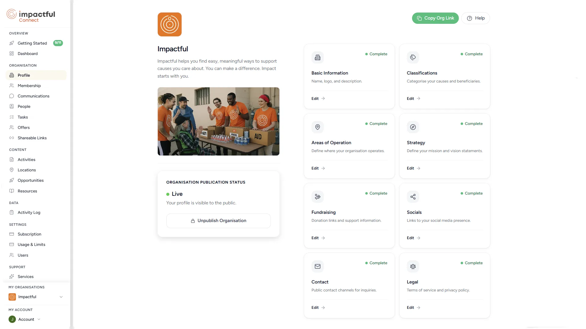 The organisation profile in Impactful Connect: basic information, classifications, areas of operation, strategy, fundraising and contact details, each marked complete, with the profile published live.