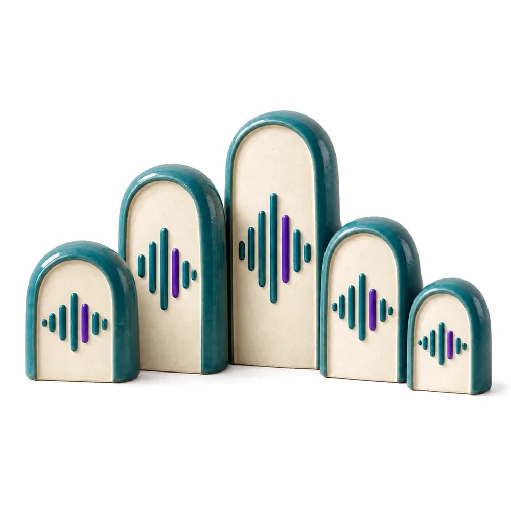 A row of five arched doorways, each with a sound wave inside: agents, each running its own conversation.
