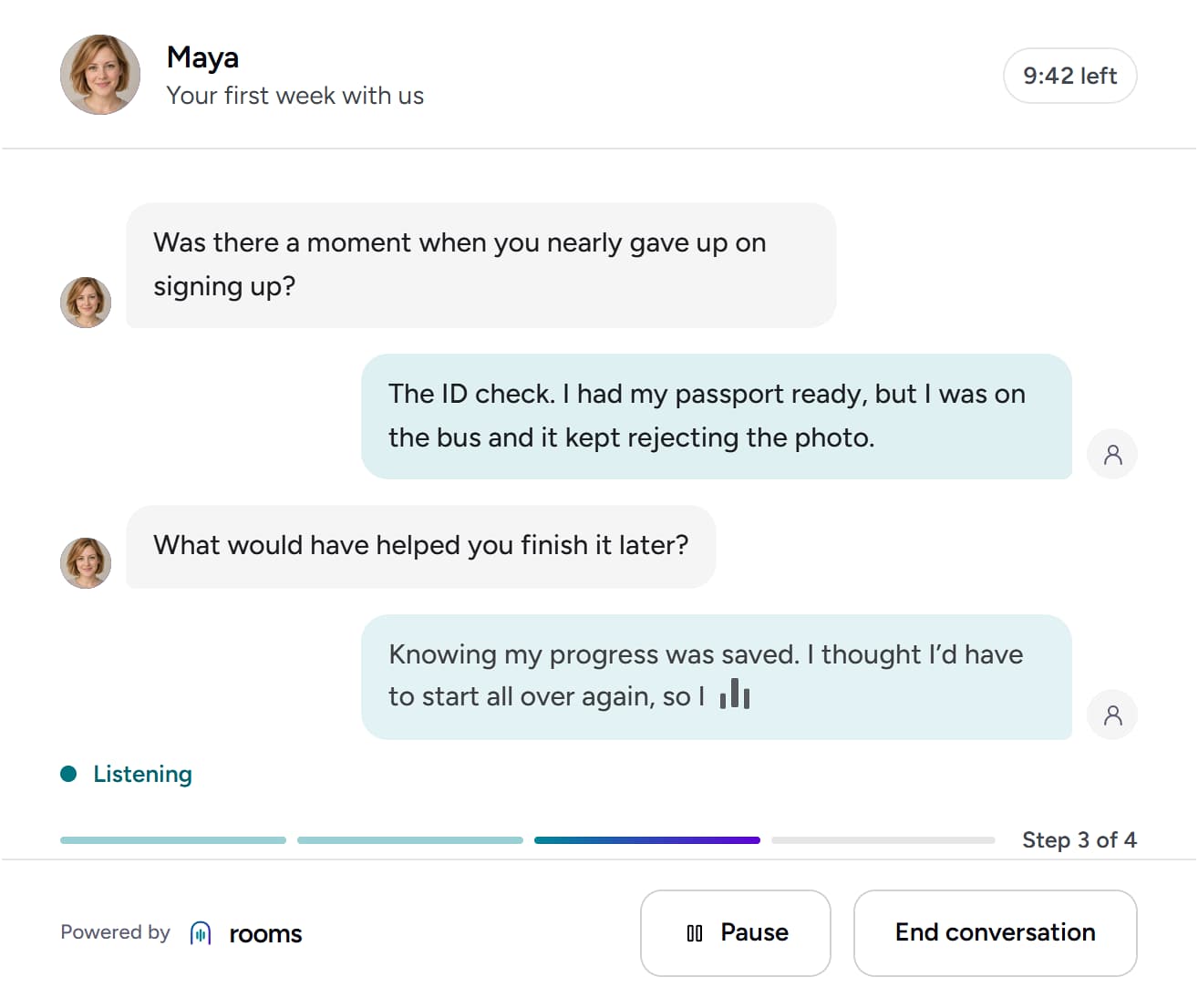 A sample interview: the participant answers the agent out loud, and their words appear as live captions.